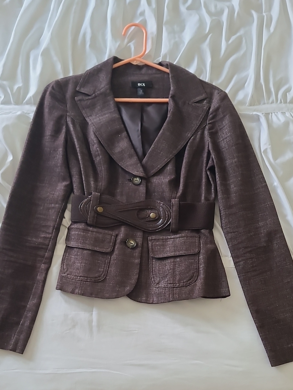 BCX Dark Brown Textured Belted Blazer